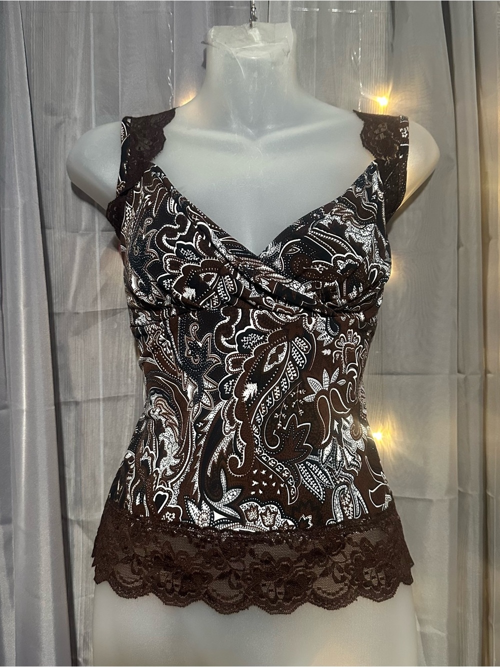 Worthington Brown lace and floral paisley wide strap tank top blouse Sz L Y2K